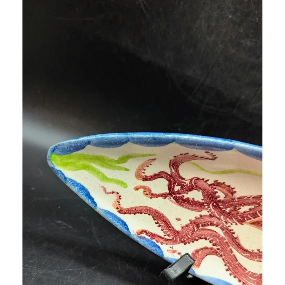 Vintage Hand Painted Italian Pottery Octopus Celery Relish Dish Signed Caruso